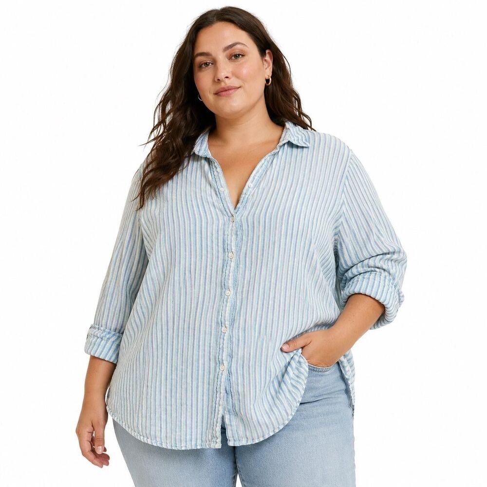 C&C California Shirt Womens XL Blue Striped Linen Button Front Long Sleeve Top
